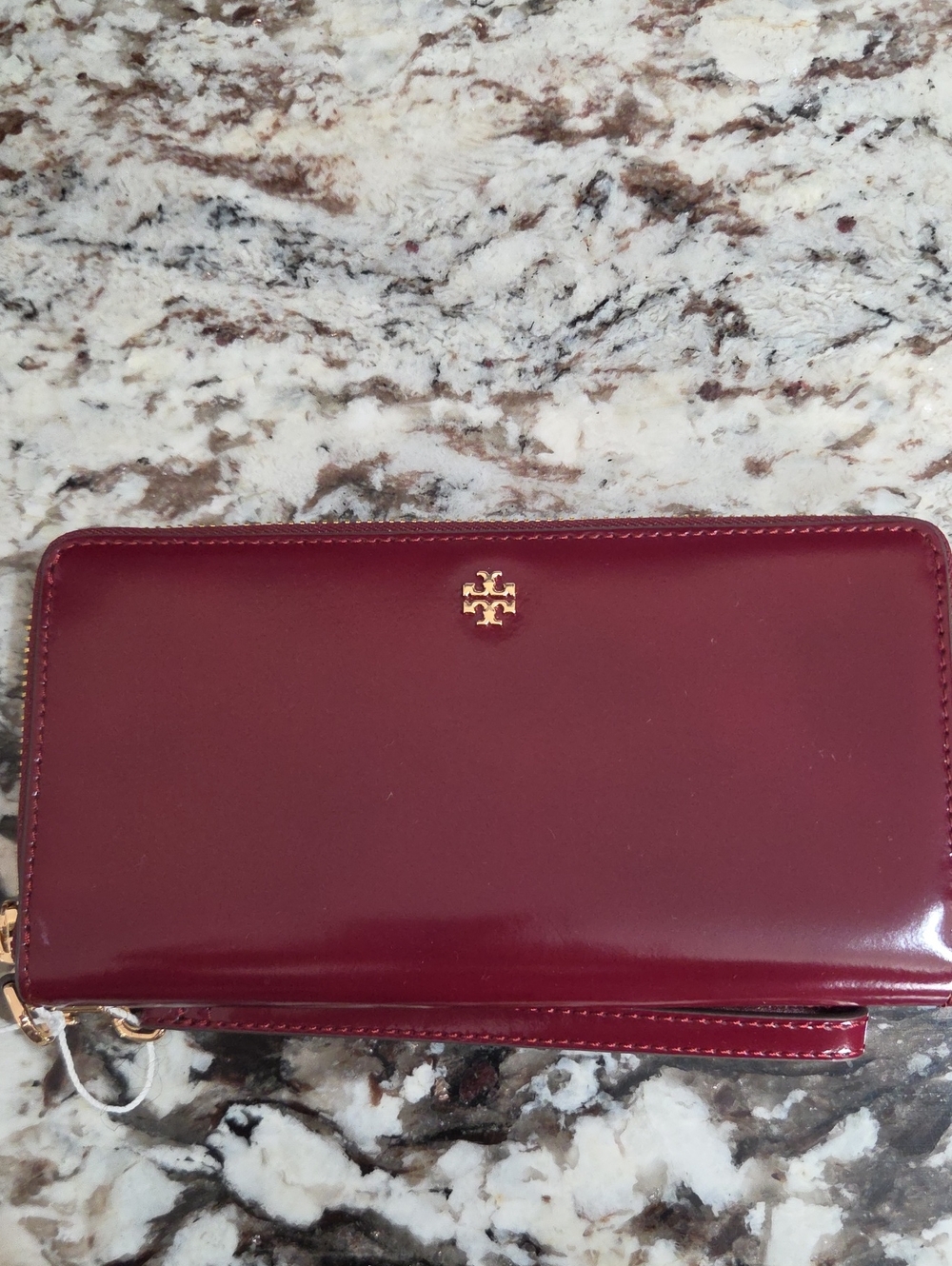 Tory Burch Glossy Burgundy Patent Wristlet Wallet with Logo